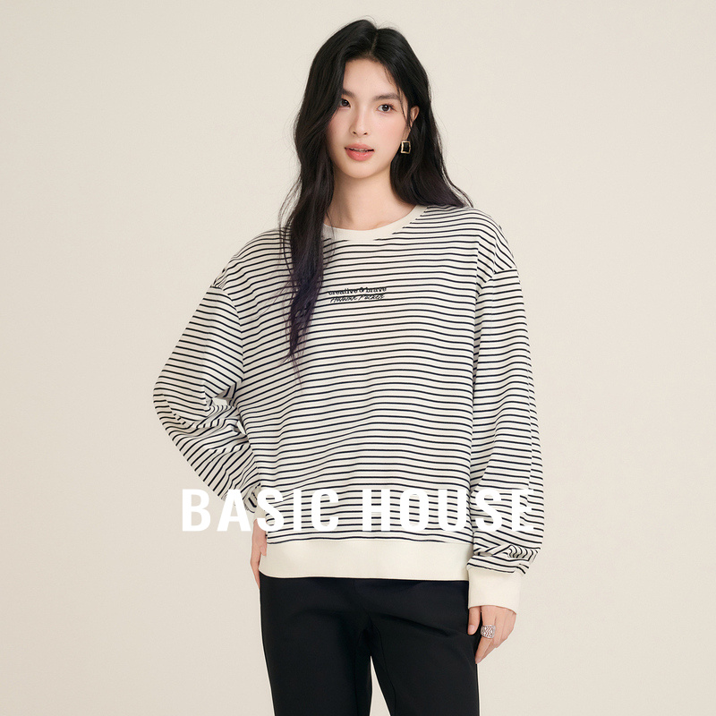 Basic House/百家好黑白条纹撞色卫衣女简约百搭上衣B0625B5BFC2