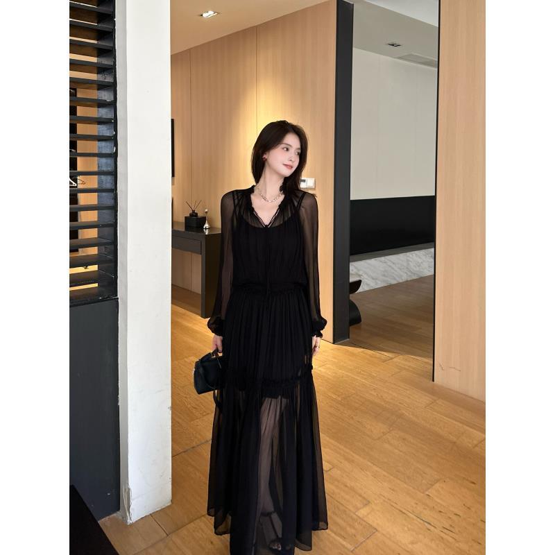 LUOZHIYIN/罗知音D112801TF夏季网纱拼接连衣裙中长款裙子