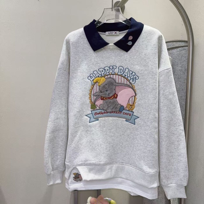 6565小飞象重工刺绣加绒加厚翻领假两件中长款卫衣女套头宽松长袖