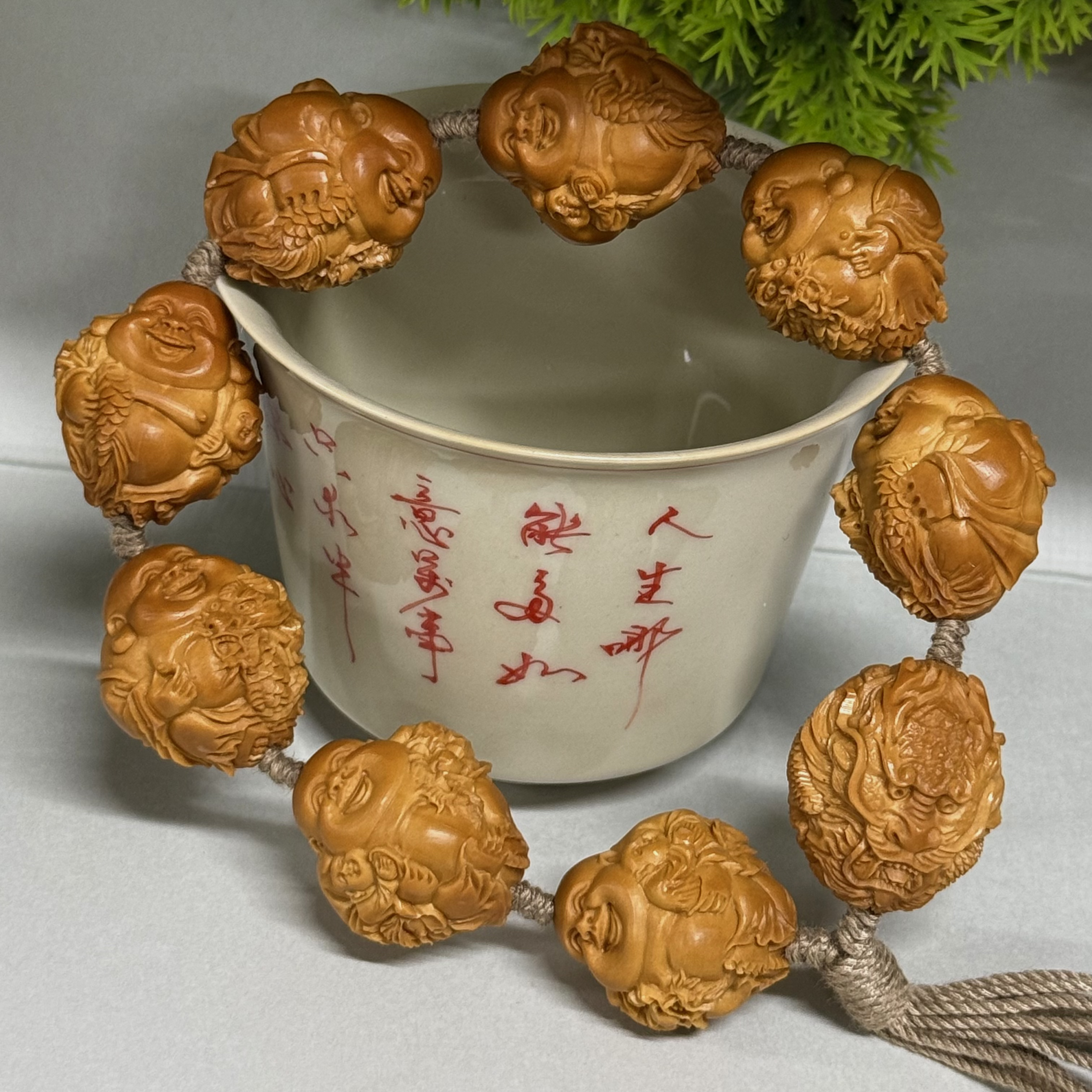 九龙童子弥勒 橄榄核雕刻文玩手串