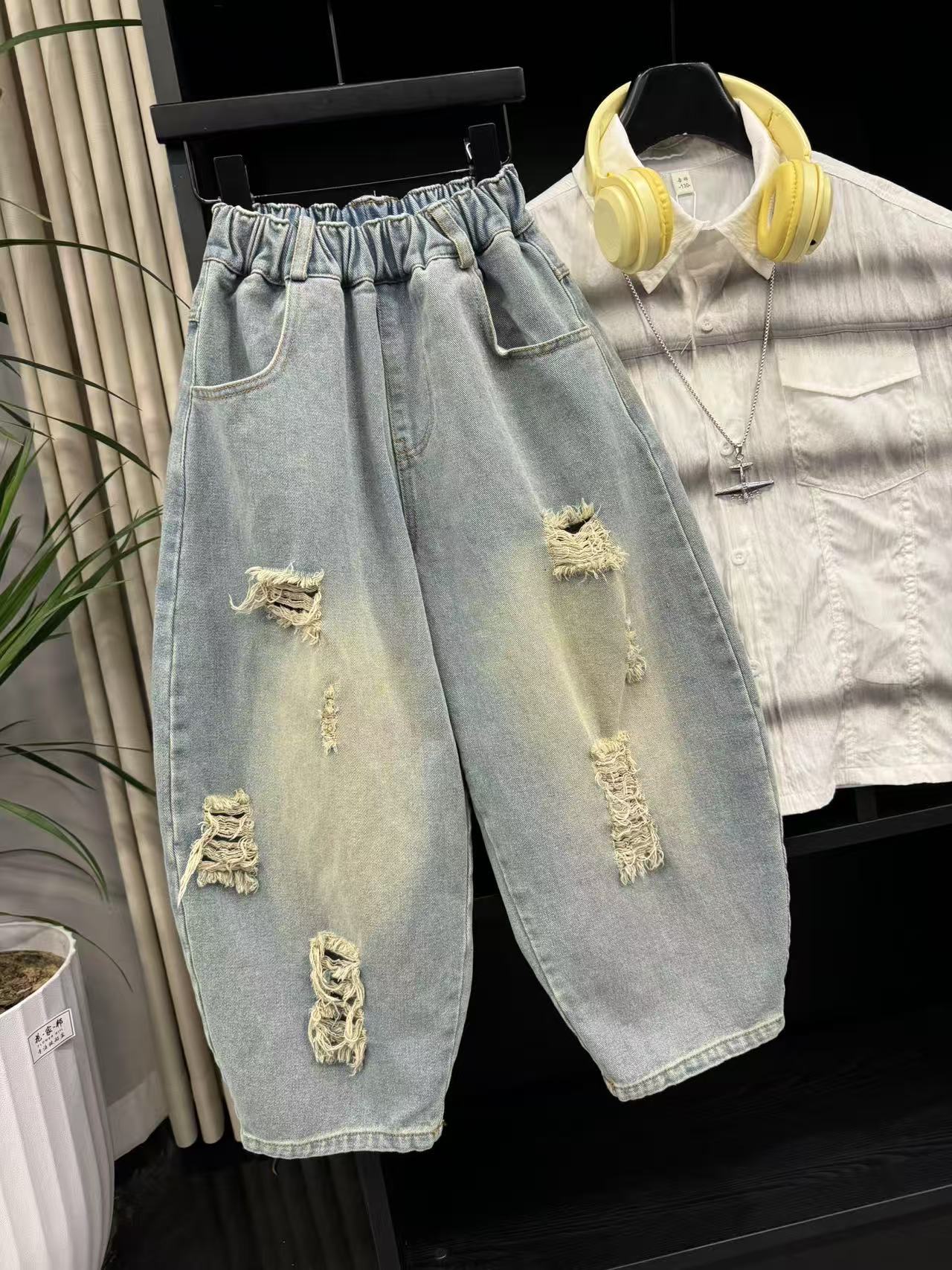 吾 2025【Y】4月20日 儿童男童女童蓝色破洞百搭牛仔裤5226-