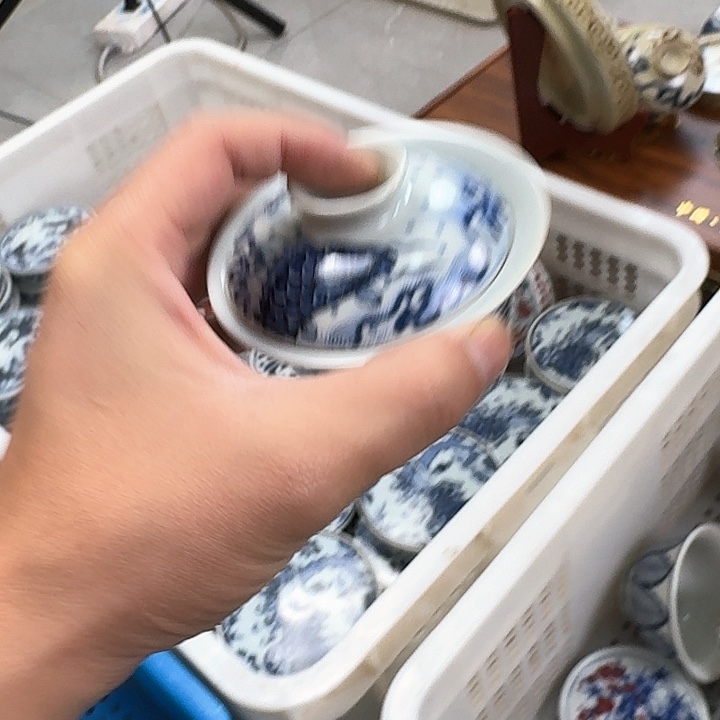 瓷片青花鱼化龙二才马蹄盖碗景德镇