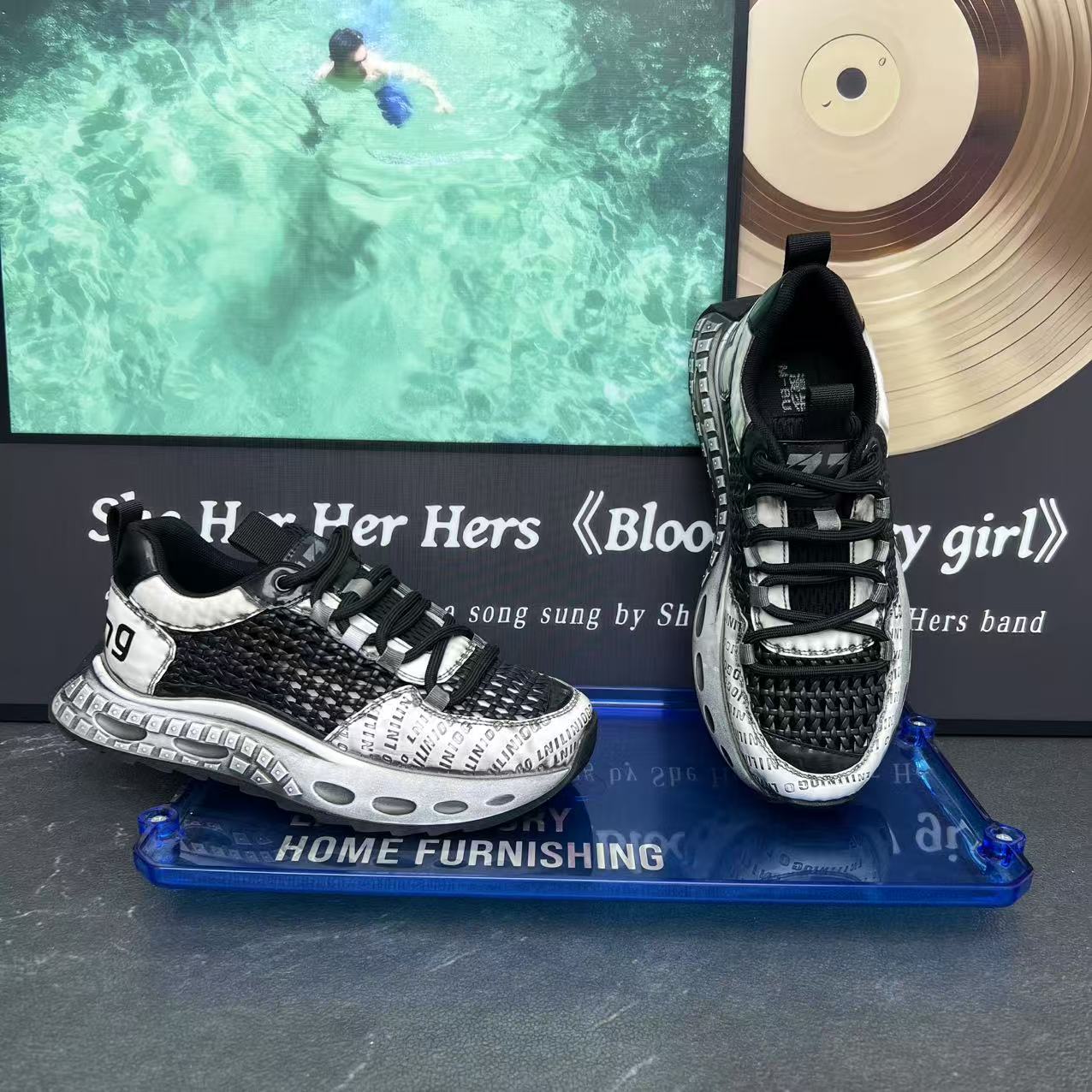 夏季新款时尚百搭增高厚底镂空透网舒适潮流男士擦色2025老爹鞋