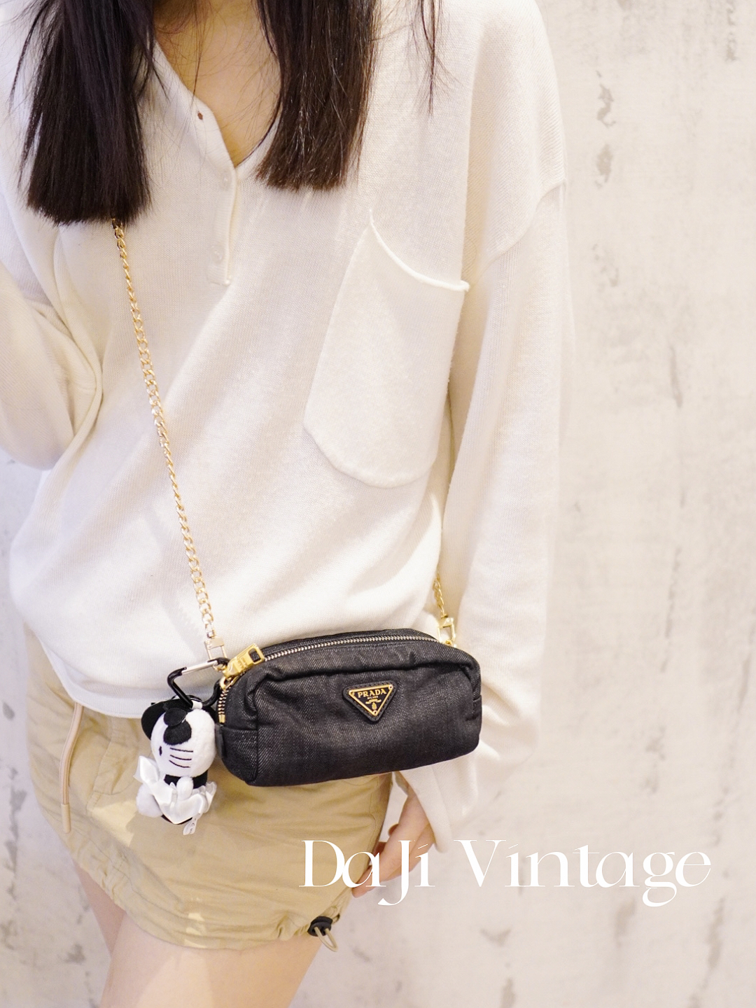 95新 Prada/普拉达 大吉中古/Prada黑灰丹宁手拿包
