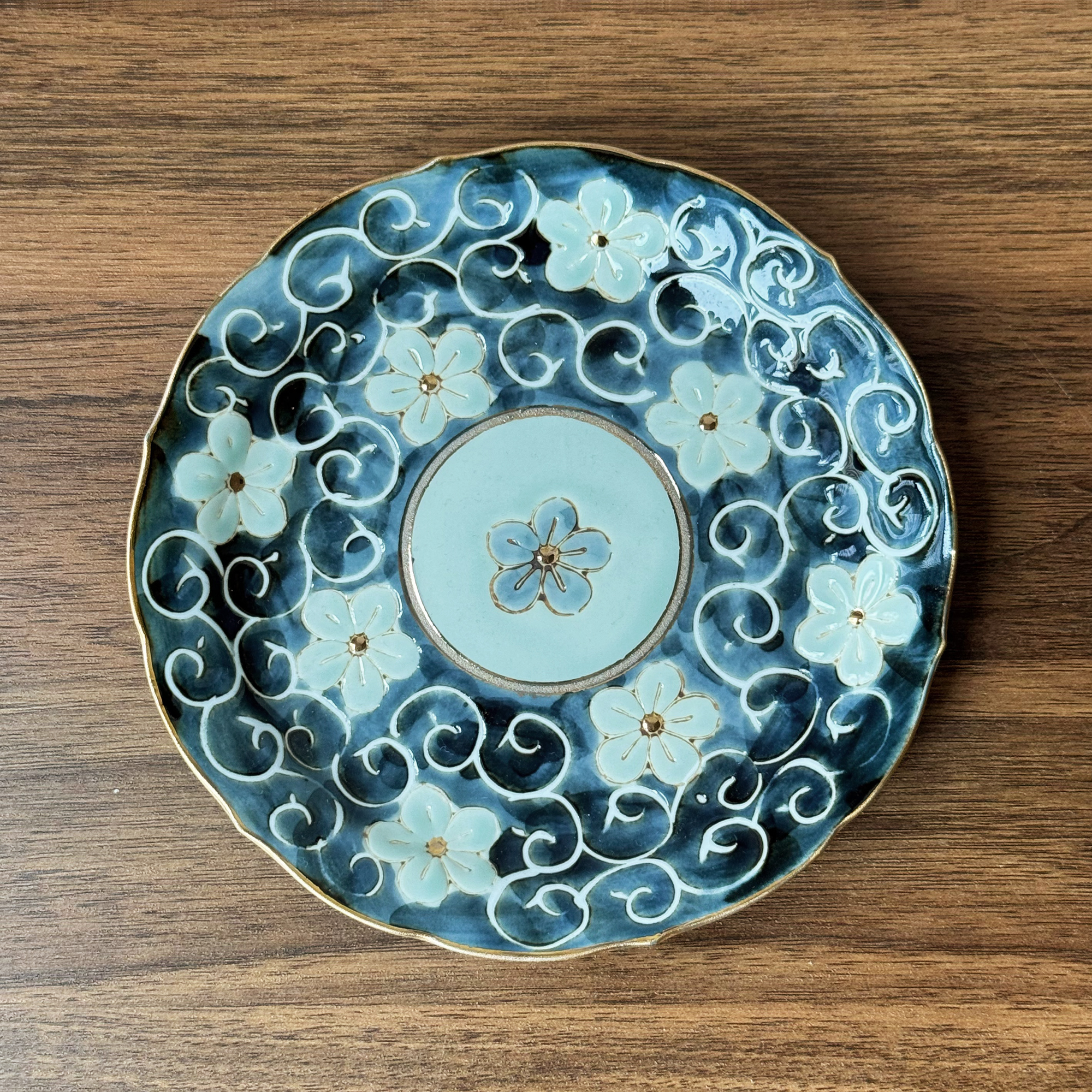 日本进口有田烧龙庵窑唐草桔梗 5寸皿点心盘甜品盘小盘手绘陶瓷