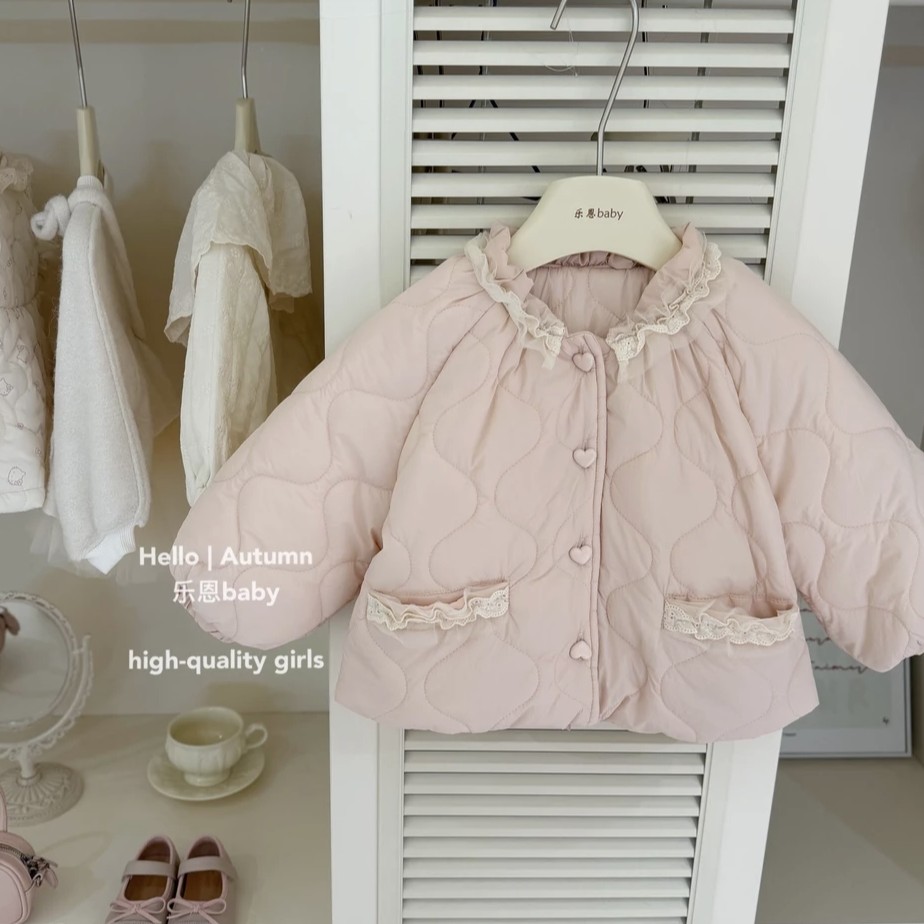 2025韩系新款设计秋冬女童粉色加绒棉服时髦韩版宝宝保暖外套
