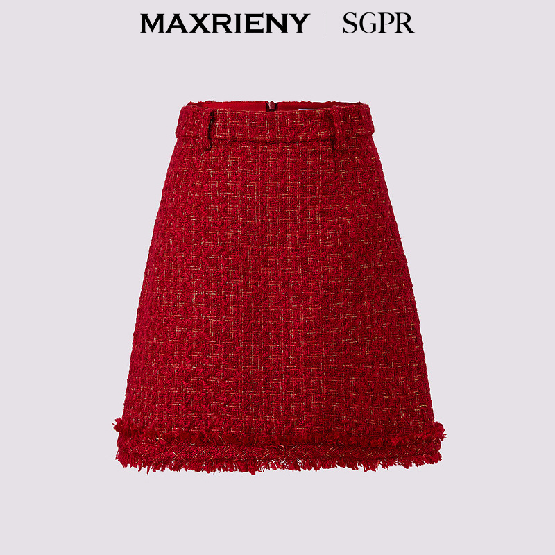 MAXRIENY【商场同款】MAXRIENY千金小香红色半裙半身裙名媛感