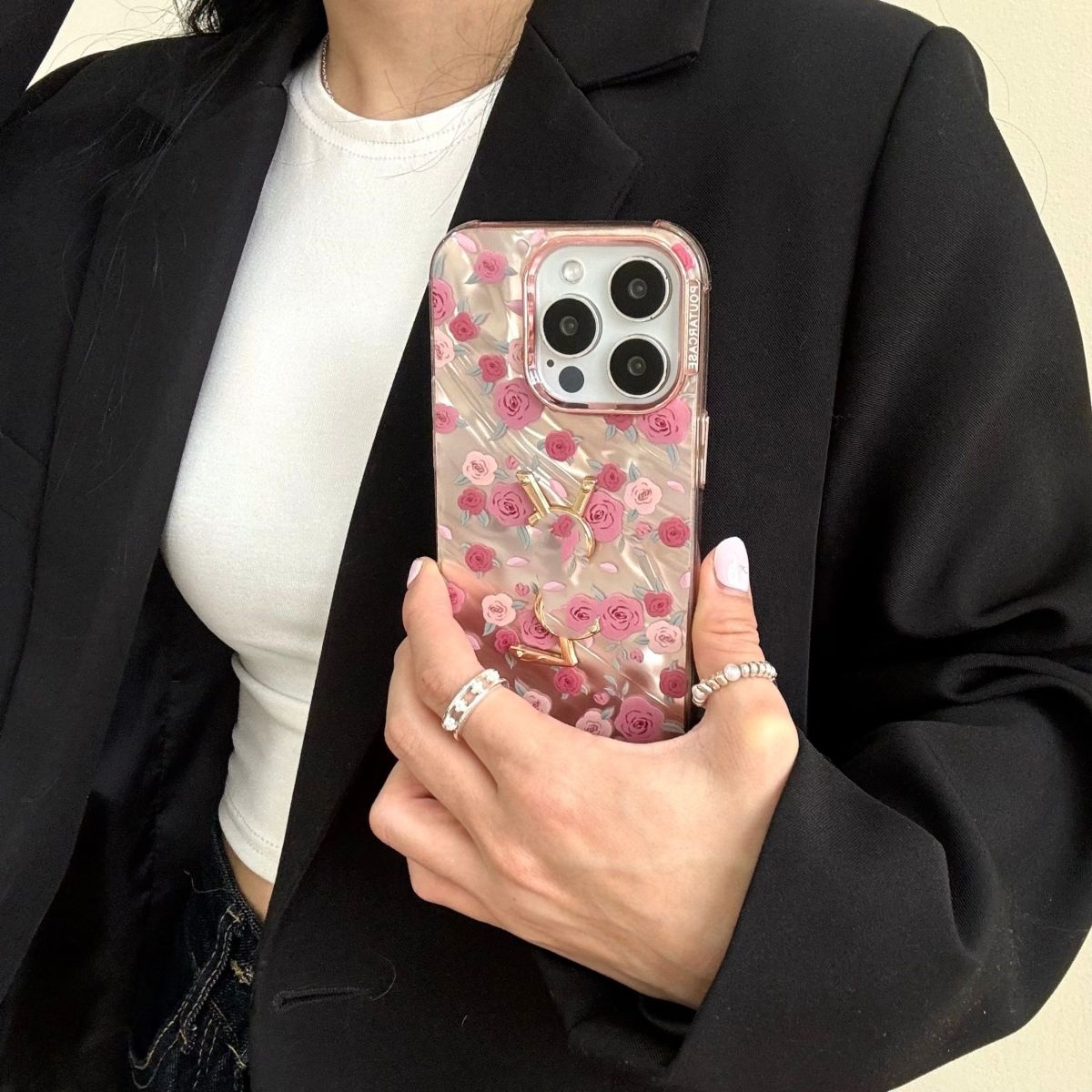 水波纹碎花玫瑰YSL适用苹果15ProMax手机壳iPhone16全包15高级感