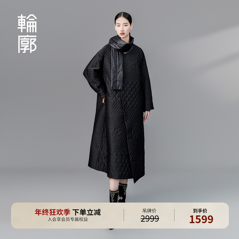 轮廓摩登几何立体定位菱格棉服时尚复古加厚提花长外套L234Y015