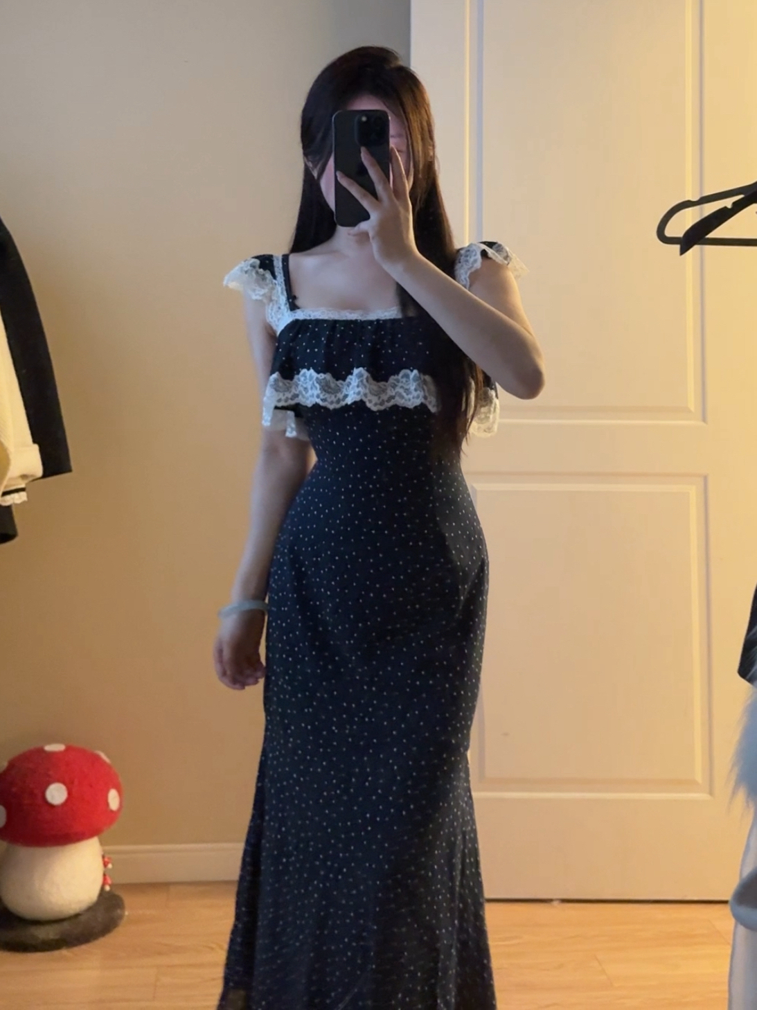 陈江铃小个子自制复古蕾丝拼接波点吊带连衣裙收腰显瘦鱼尾长裙l