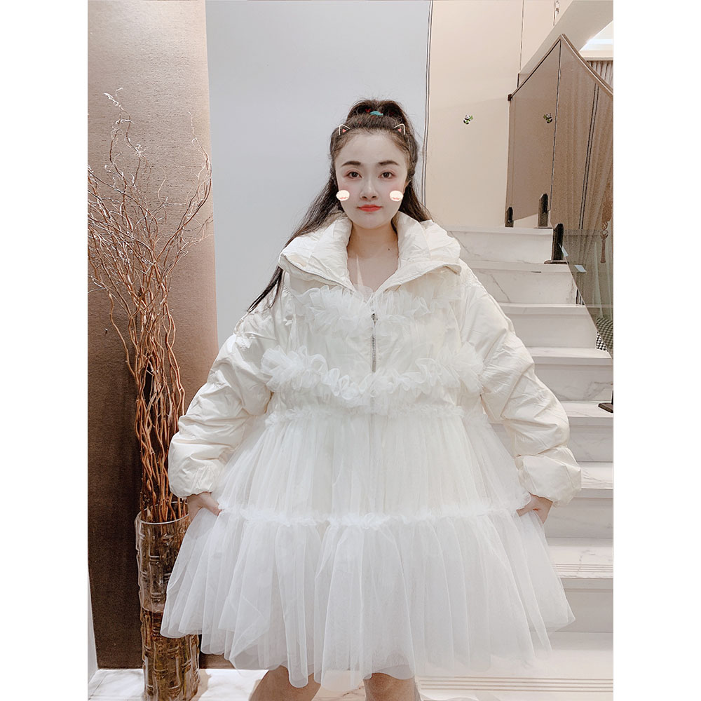 潮牌设计师款小众蕾丝花边保暖雨绒服拼接网纱棉服外套女