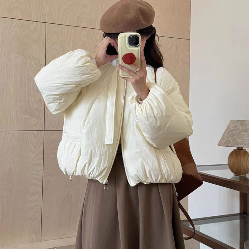 【5935】冬季韩版轻薄棉服女短款圆领绑带加厚外套