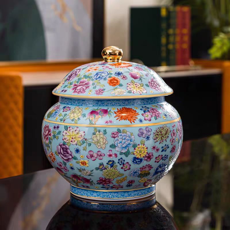 DP-A131湖蓝描金万花宝珠罐+底座