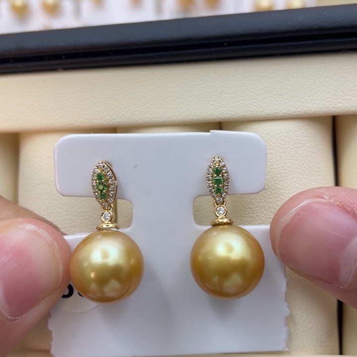 海水珍珠耳饰18K金镶嵌金珠11-12mm