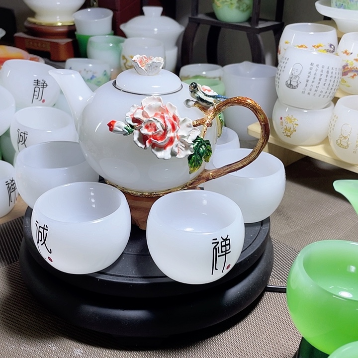 琉璃中式珐琅彩花开富贵一壶六杯礼盒套装