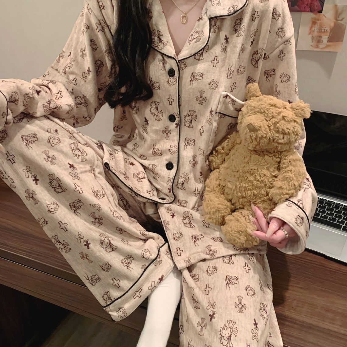 HelloKitty秋冬季海岛绒女士睡衣套装长袖加绒保暖网红甜美家居服