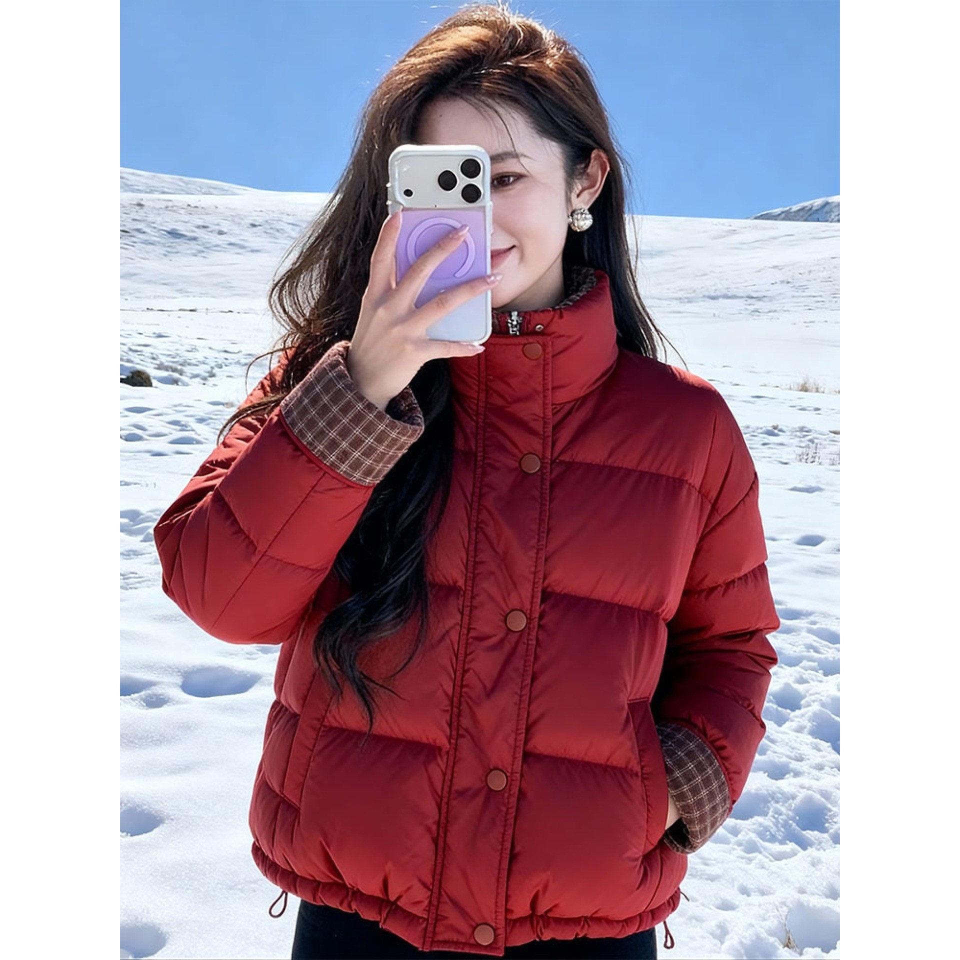 红色格子拼接短款立领羽绒女2025新款高级感宽松保暖洋气夹棉外套