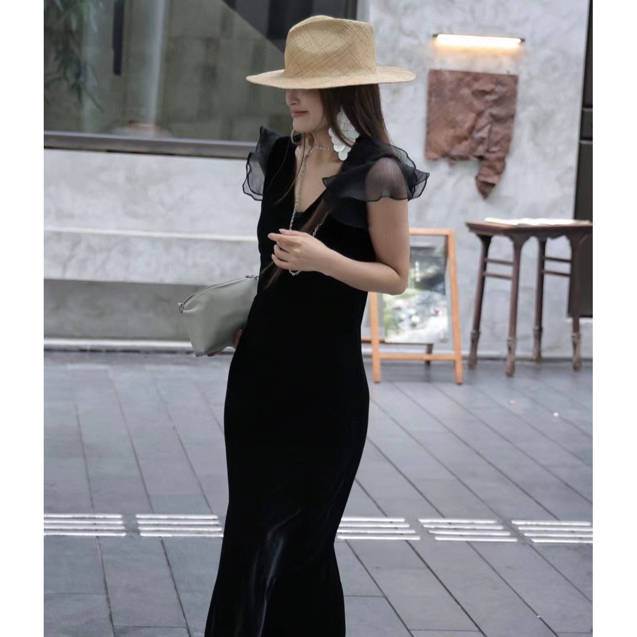 裙长135cm早秋新款时尚收腰桑蚕丝丝绒木耳边连衣裙4187