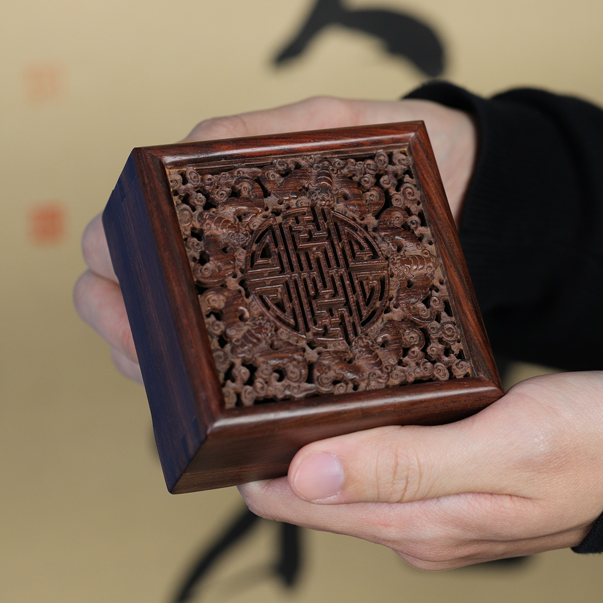 老挝大红酸枝盘香盒五福拱寿熏香香炉檀香香插香座室内香盒