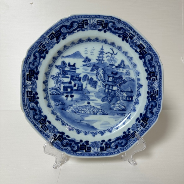 潜青花风景图八方窝角盘