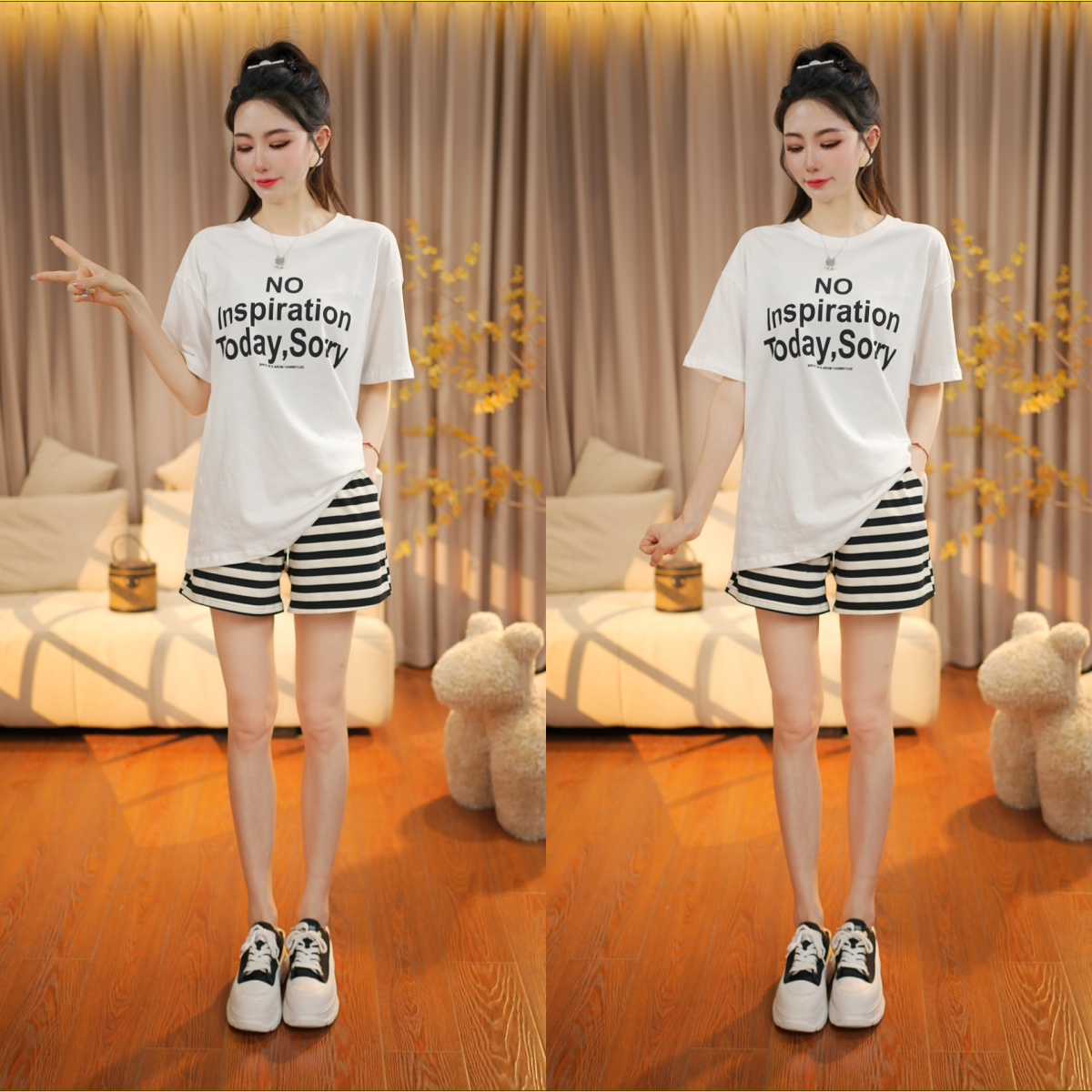 夏季短袖短裤套装时尚字母潮流上衣+百搭条纹短裤洋气两件套