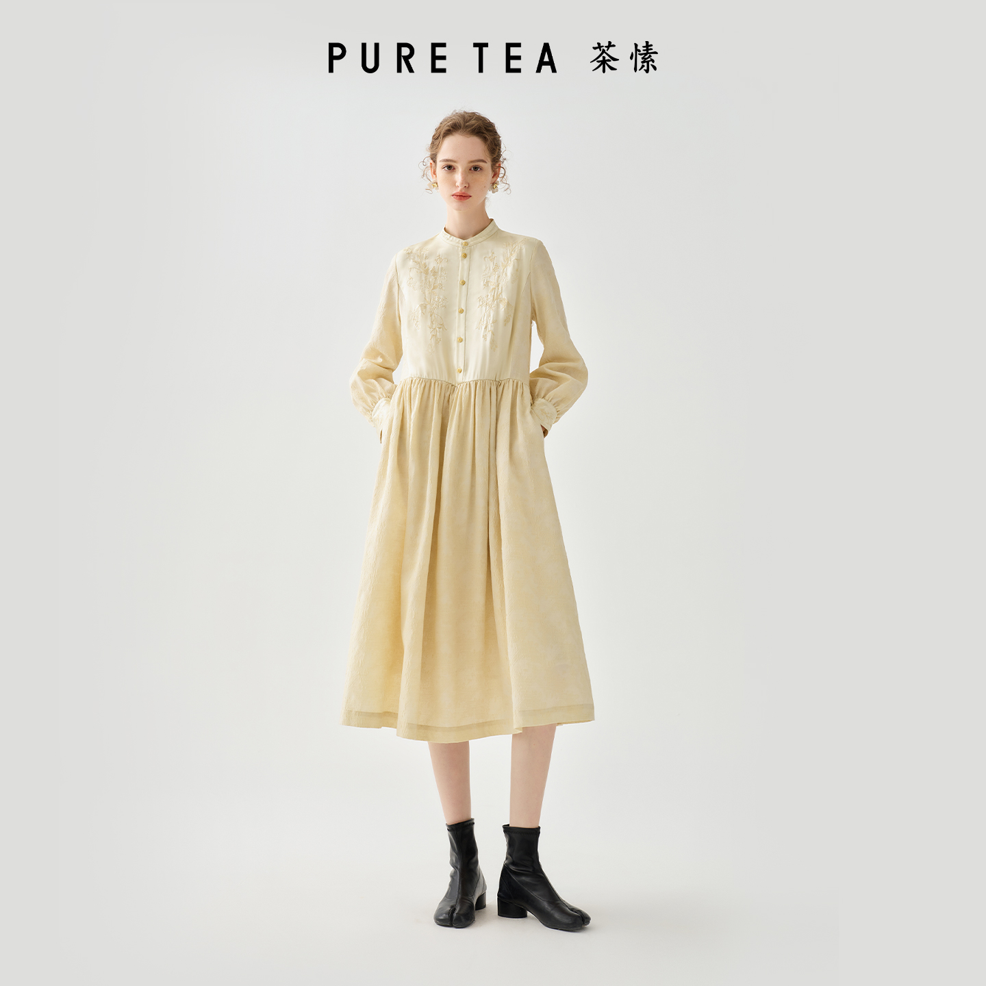 【繁花悦己】茶愫缎面撞料介英袖绣花连衣裙a字裙早秋TD2903C31