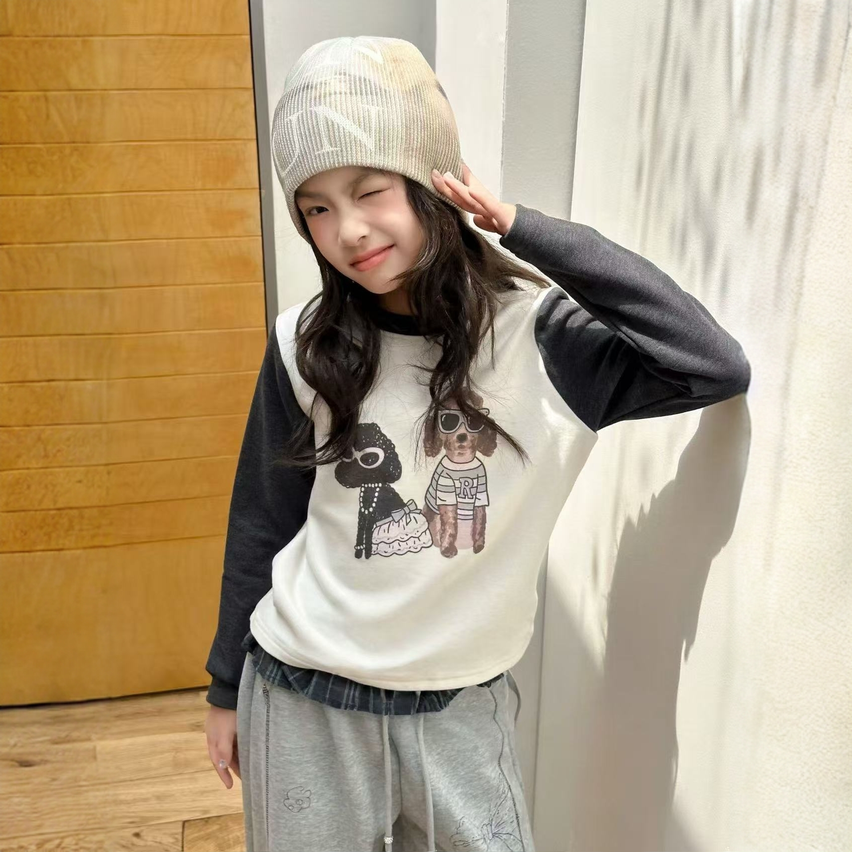 女童2025秋冬中大童韩版卡通印花撞色袖圆领长袖打底衫T恤253270