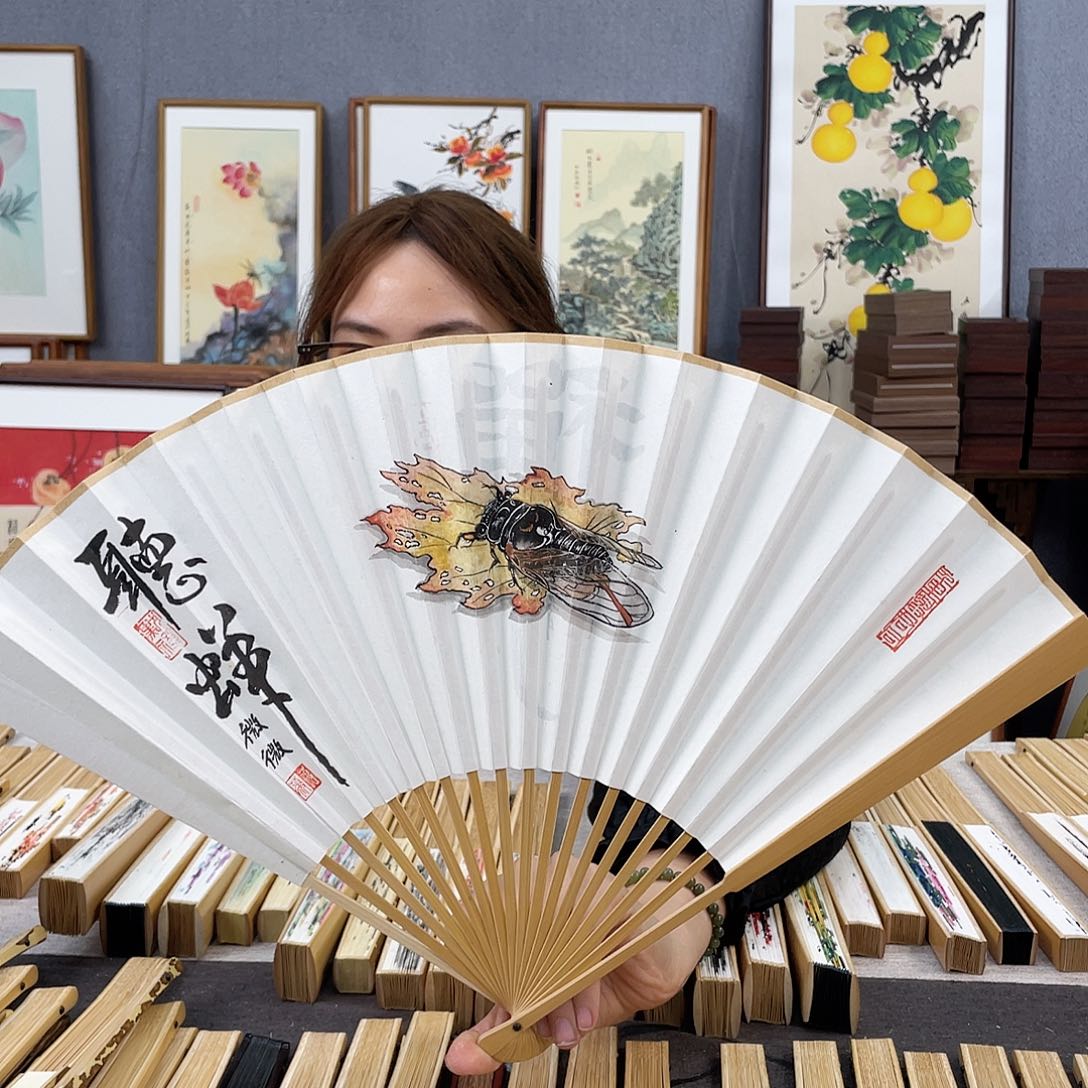 国画95寸玉竹-纯手绘-文玩扇骨（默认粘好）