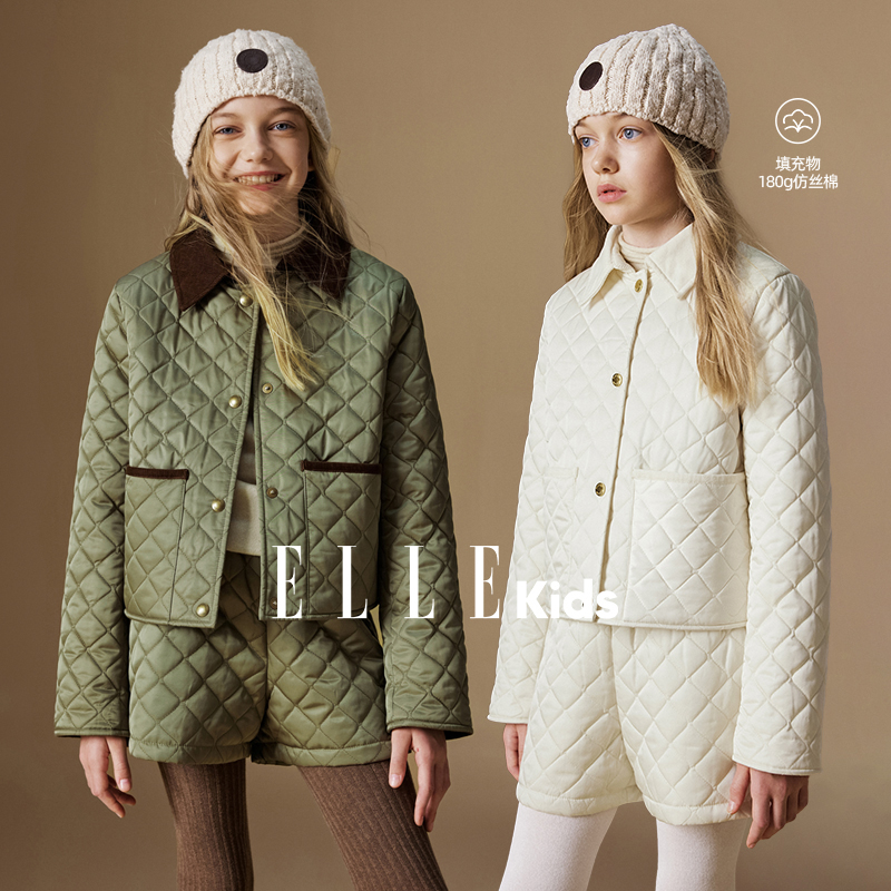 ELLE KIDS童装 灯芯绒翻领棉服女童冬季新款复古菱格撞色外套D1