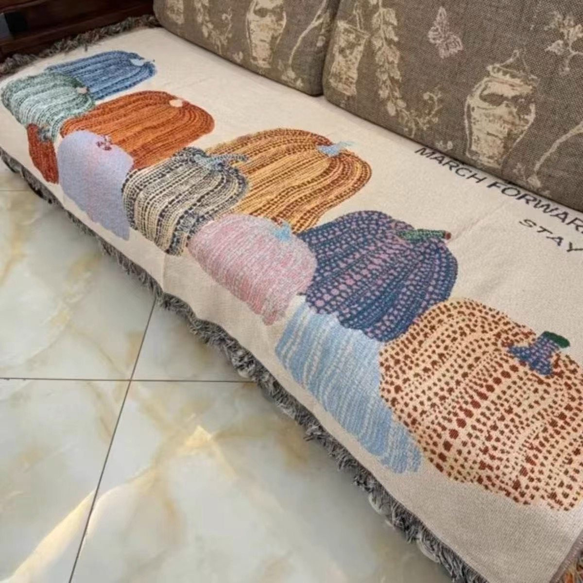 85*235cm棉麻多功能沙发巾地巾床巾防尘防滑耐磨多彩南瓜