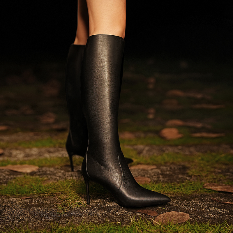 【雅致冬境】独女2025冬新款黑色显瘦真皮高筒靴尖头高跟长靴女细跟