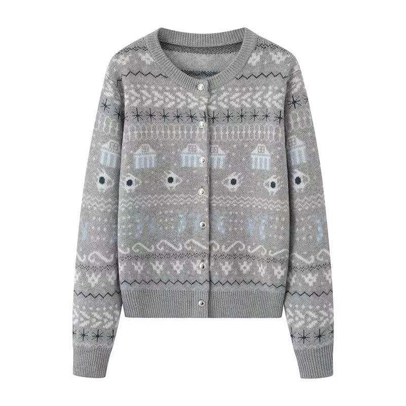 商场同款2025秋冬新款轻奢复古提花短款针织开衫外套女毛衣3151