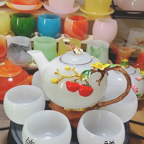 羊脂玉瓷琉璃珐琅彩事事如意一壶六杯礼盒套装