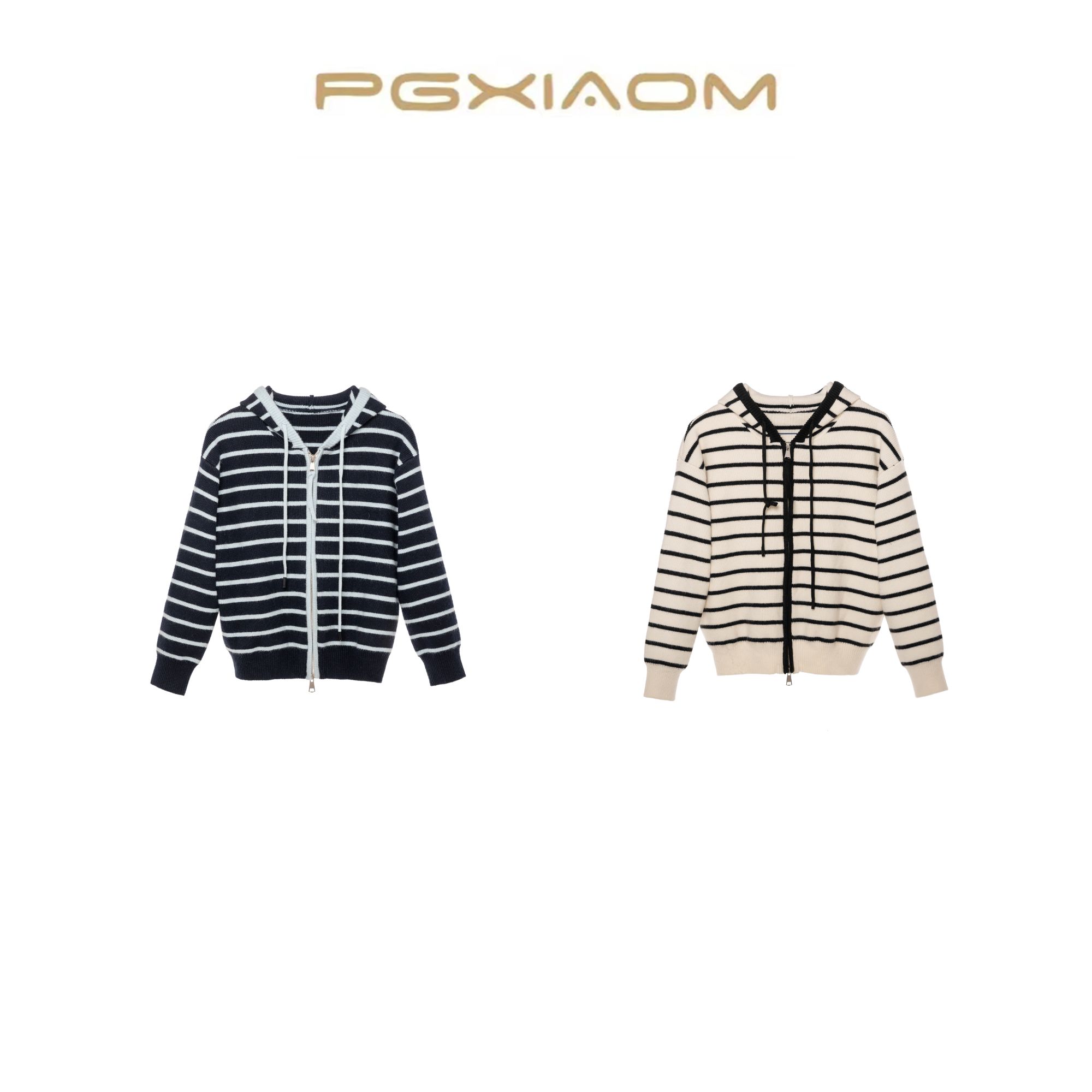 【PGXIAOM】润秀定制白 上青两色连帽条纹针织毛衣MY9616          