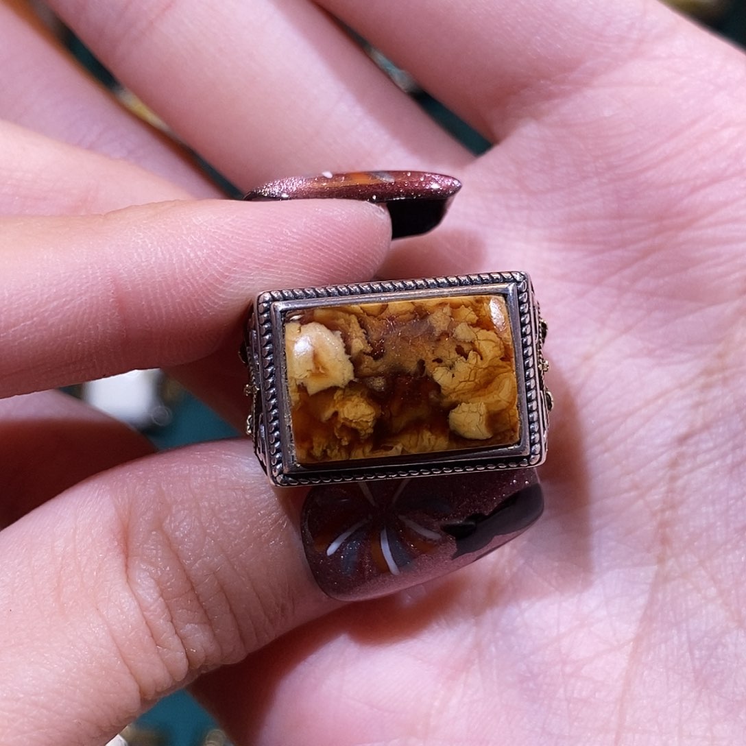 琥珀戒指银S925镶嵌戒指