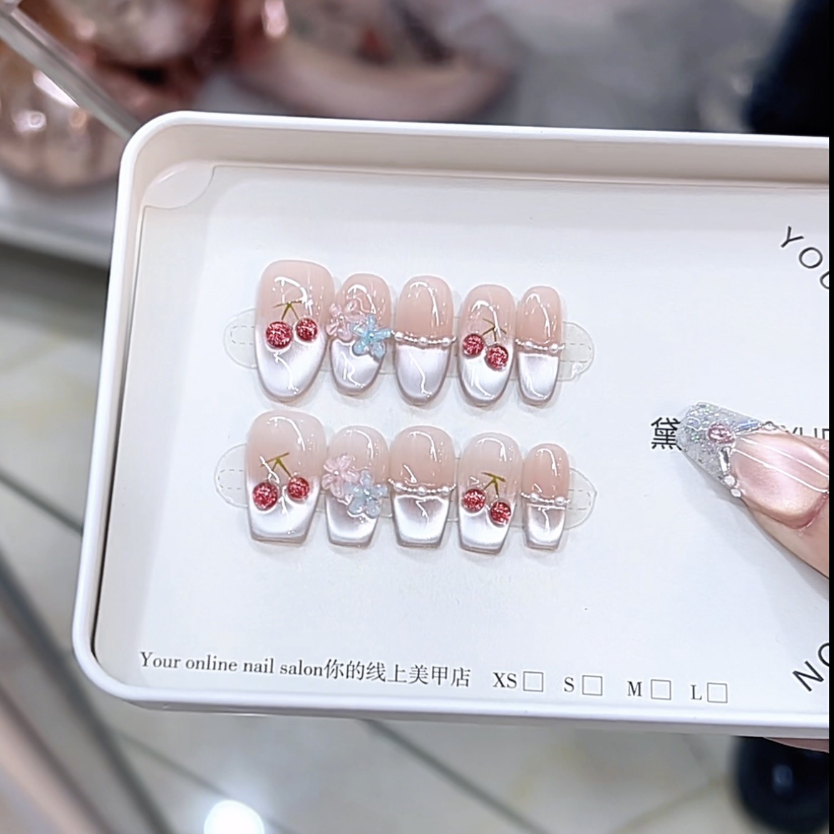 3000 NAIL “樱桃小丸子”设计师高定原创纯手工高级猫眼显白穿戴甲