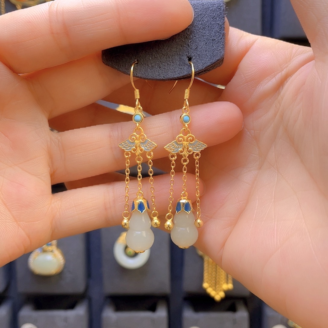 和田玉耳饰银S925镀金镶嵌