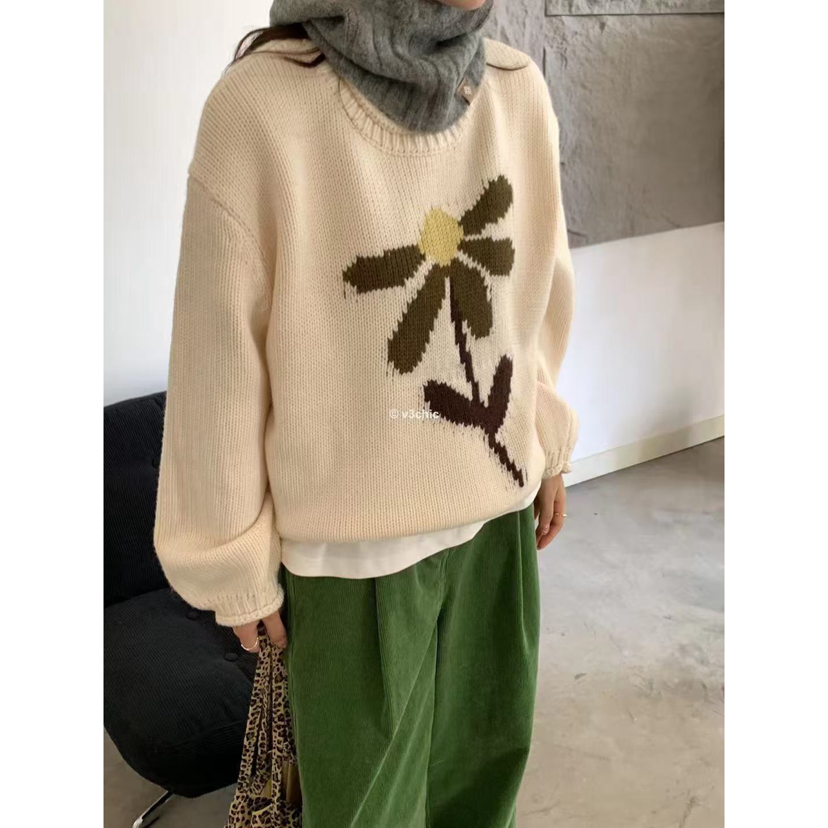 清DMZZ- 4866小雏菊套头毛衣圆领加厚宽松慵懒风柔软含羊毛针织衫