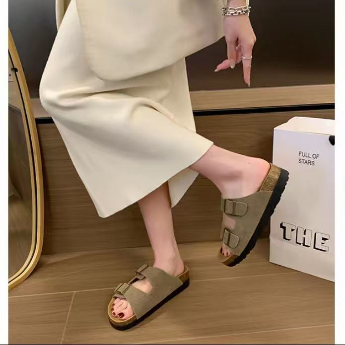C7619 羚羊棕 时尚厚底轻便2025新款软木休闲露趾女拖鞋