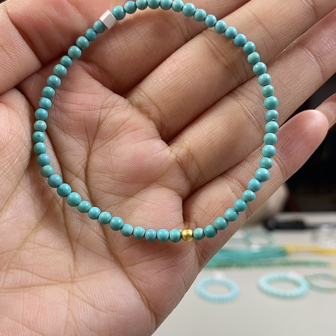 绿松石A2精品米珠卡3+银S925镀金镶嵌