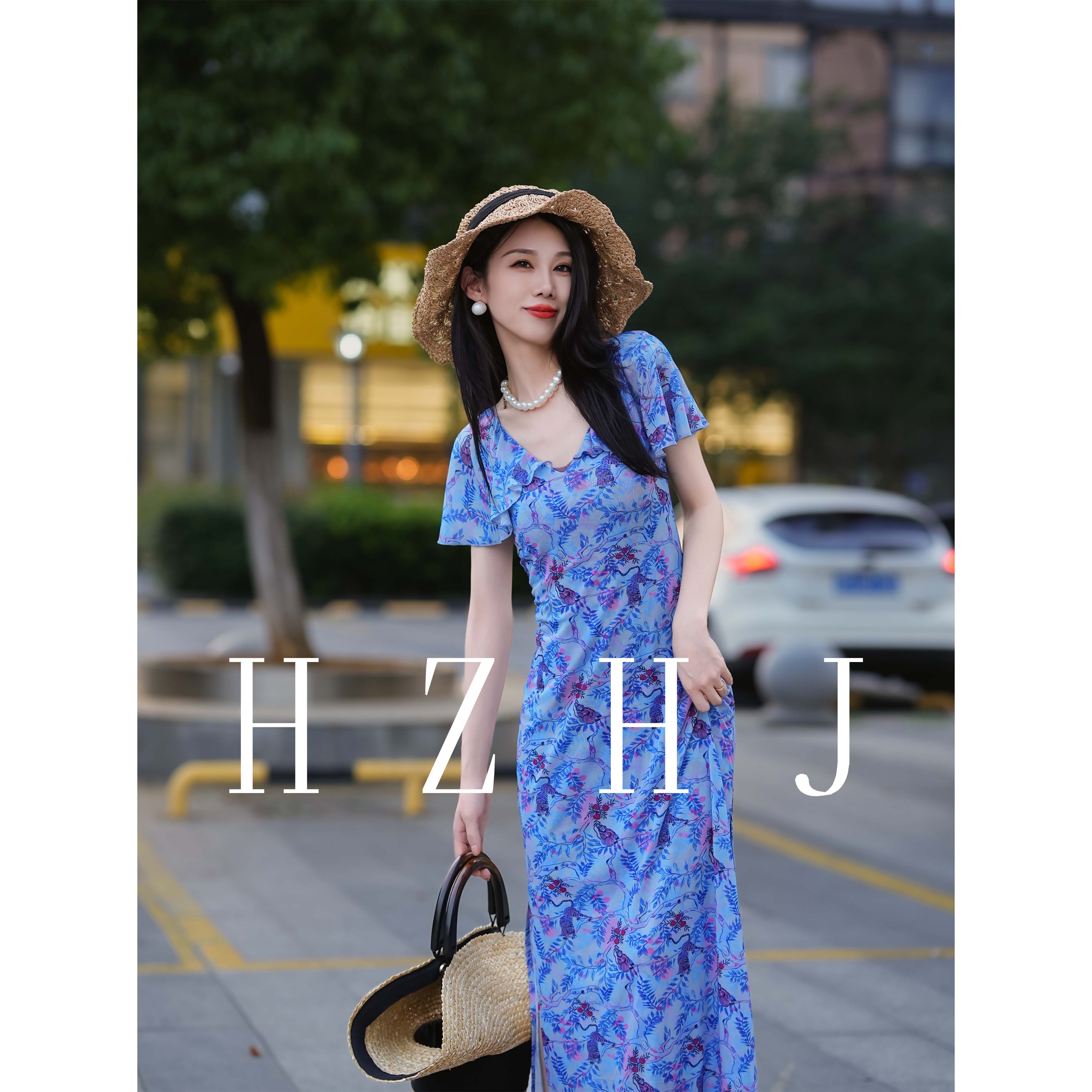  HZHJ原创设计师款 海滨蓝叶 连衣裙 短袖显瘦高级洋气轻奢483