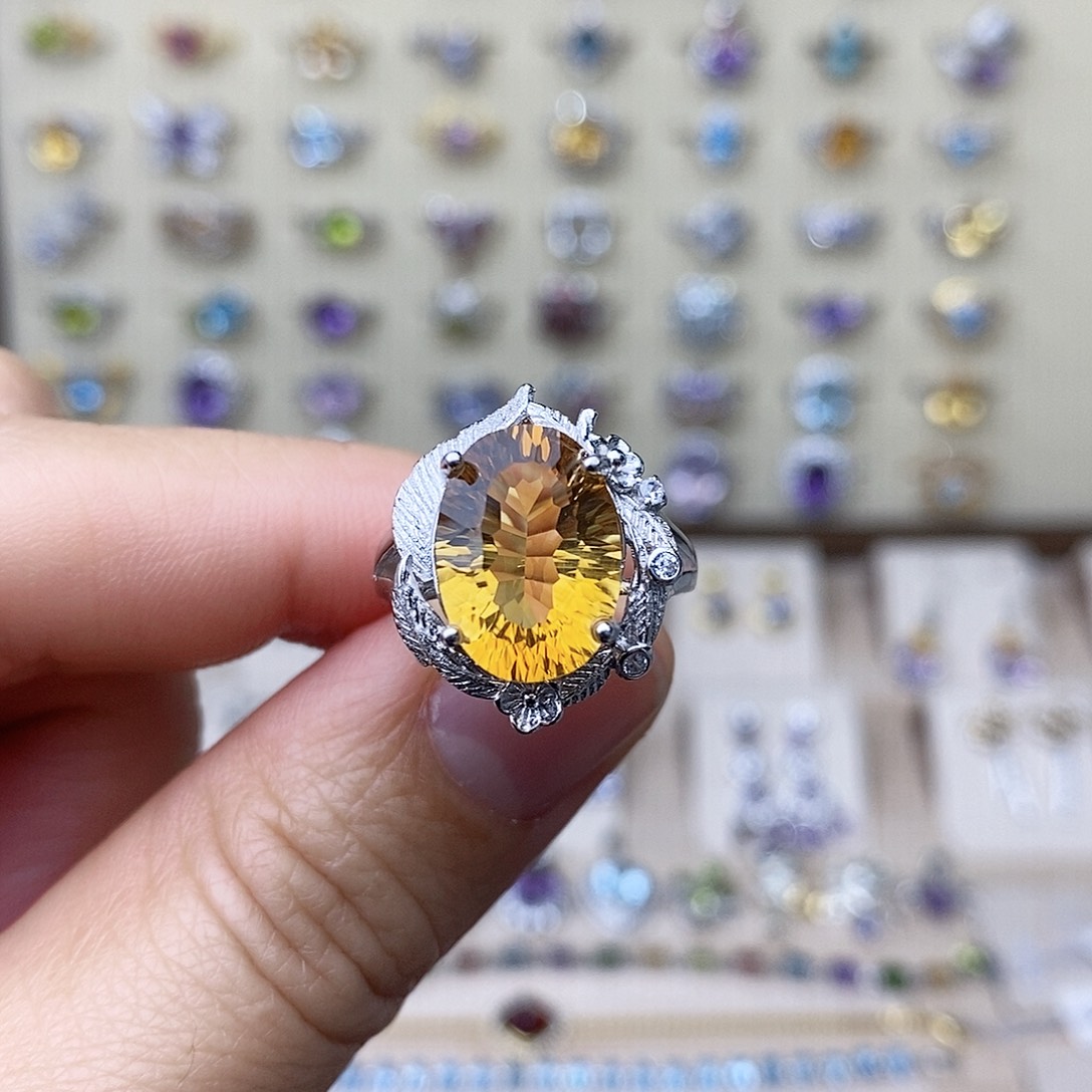 黄晶戒指银S925镶嵌一物一证