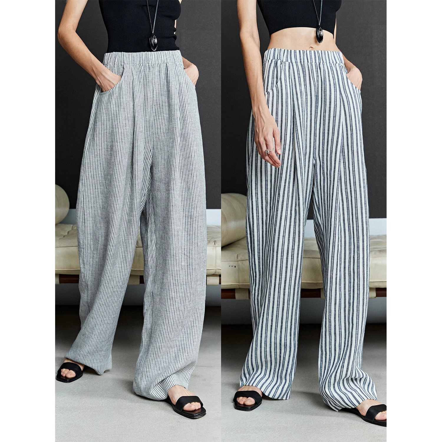 MRS Studios夏日百搭推荐老钱风亚麻舒适透气条纹阔腿宽松休闲裤