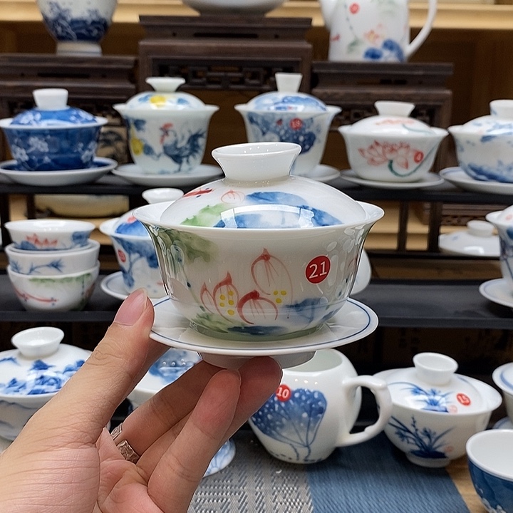 手绘五彩荷花盖碗釉下彩高温微瑕福利