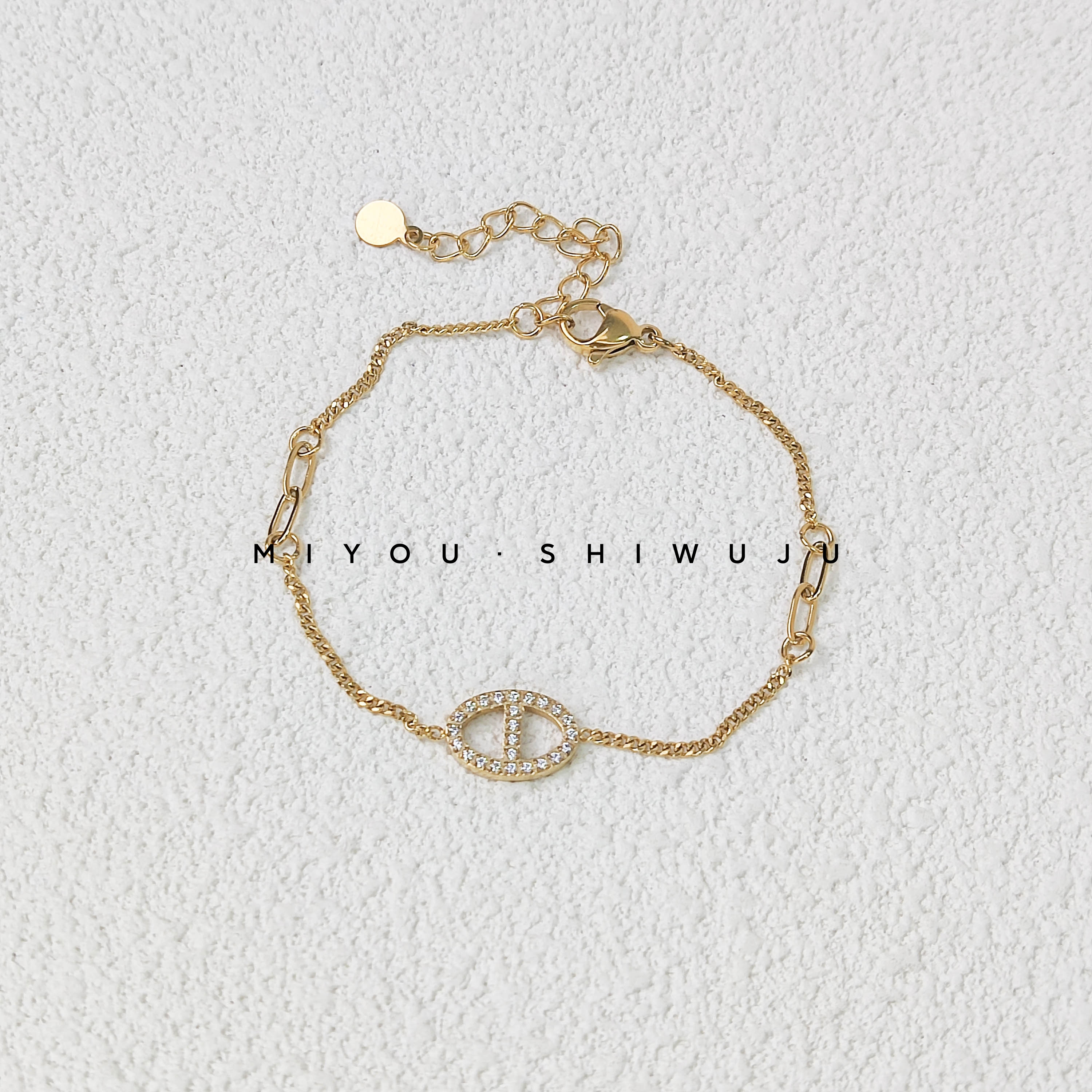 钛钢手链 金色猪鼻子镶钻手链气质轻奢时尚百搭简约带钻镶嵌满钻