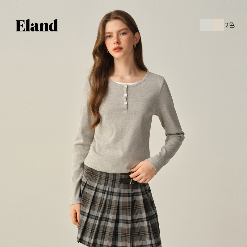Eland衣恋舒适棉感女士假两件设计圆领长袖内搭上衣EELAF49E04