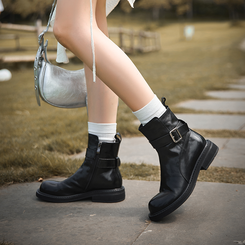 短靴百搭黑色真皮厚底英伦风弹力秋冬秋季时尚复古中筒圆头瘦瘦靴