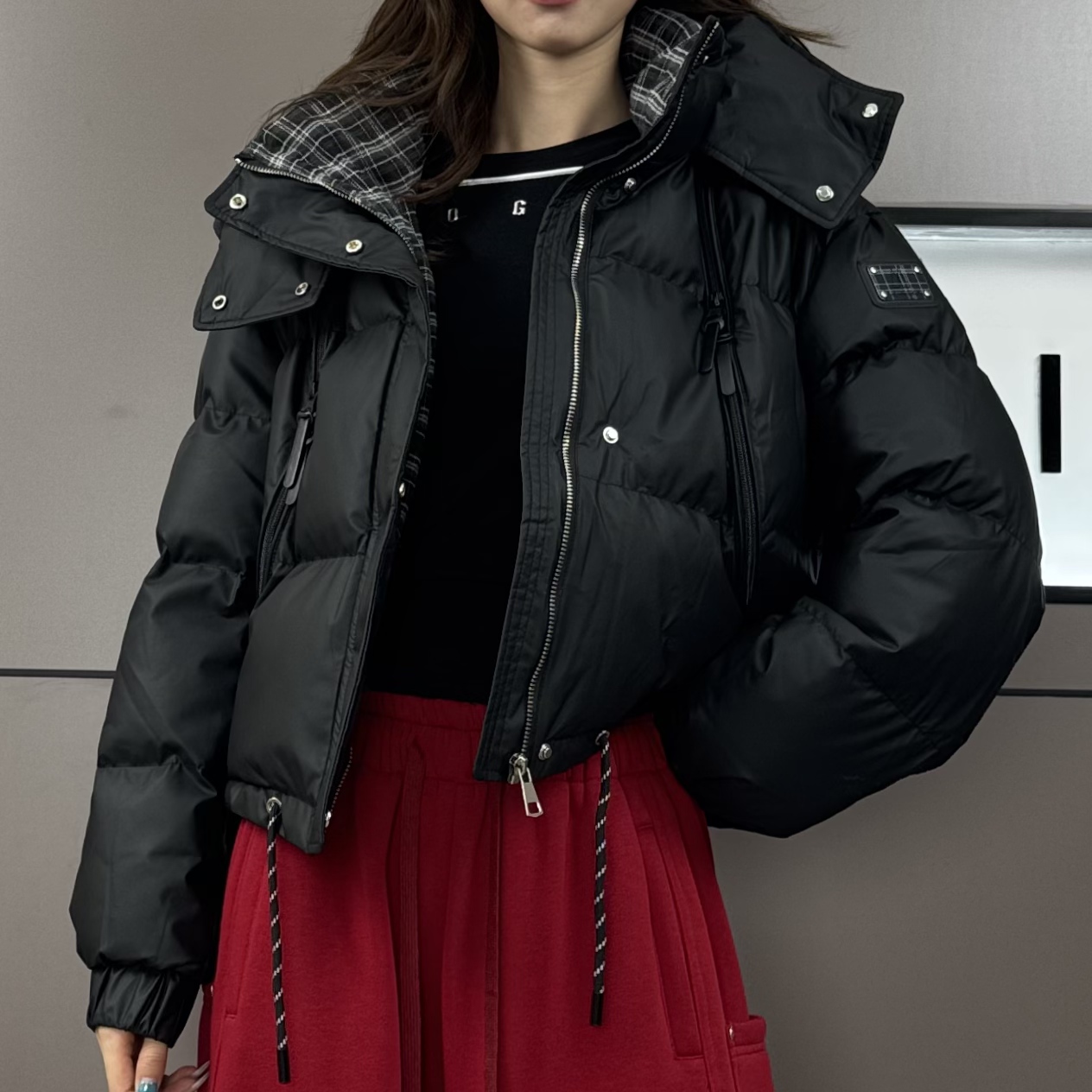 2025年时尚格子立领拼接时尚连帽棉服外套2510