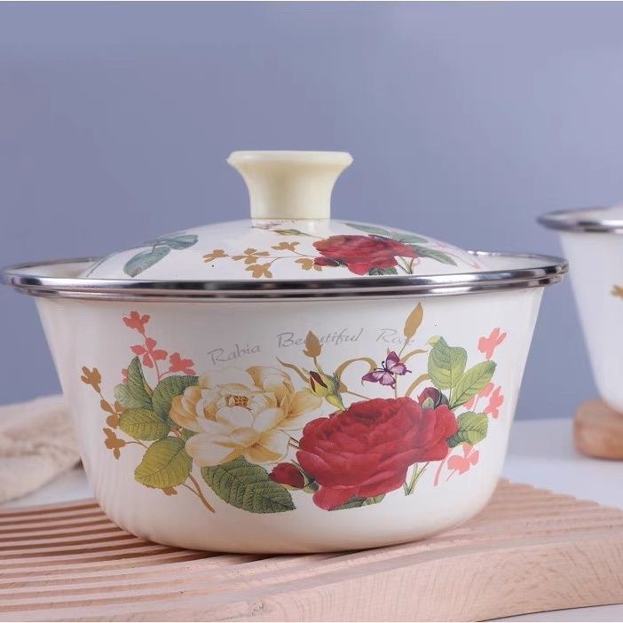 18公分加厚搪瓷大玫瑰荤油盆带盖盆