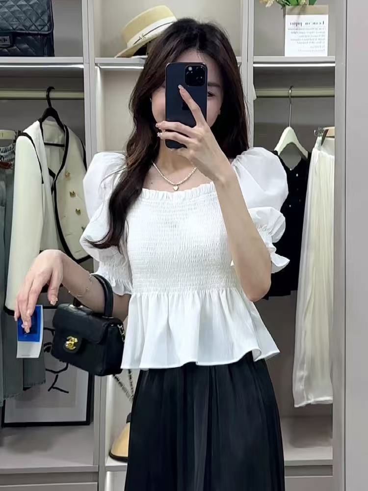 1666 法式甜美蝴蝶结减龄娃娃衫女夏季短袖小众衬衫修身别致